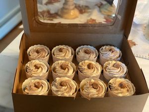 Snickerdoodle cupcakes. Cinnamon cake, cinnamon frosting, cinnamon sugar, & snickerdoodle cookie dough.  at GG's Vegan Bakery in Bozrah