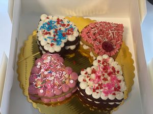 Valentines menu! 3” heart cakes. 
Vanilla w/ hibiscus 
2 Chocolates w/ vanilla
Vanilla w/ raspberry at GG's Vegan Bakery in Bozrah