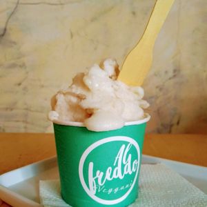 Coconut gelato made out with nut milk  at Alfreddo Veggani in Sao Paulo