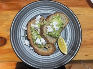 Avo toast with vegan feta  at Picnic Cafe in Hobart