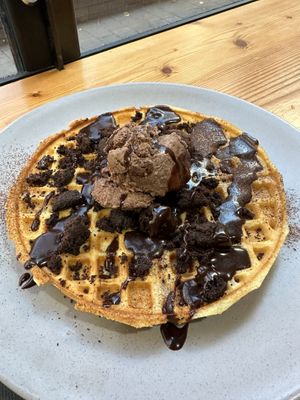 Chocolate Waffles (minus raspberries)  at Picnic Cafe in Hobart