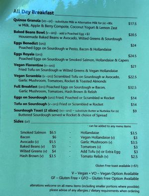 menu at Picnic Cafe in Hobart