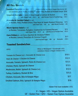 menu at Picnic Cafe in Hobart