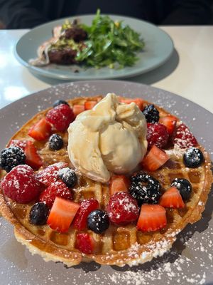 Berry waffle with vegan ice cream at Picnic Cafe in Hobart