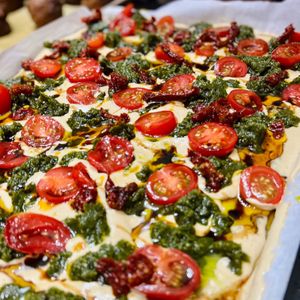 our Basil Pesto Caprese Flatbread at ingrained in Chicago