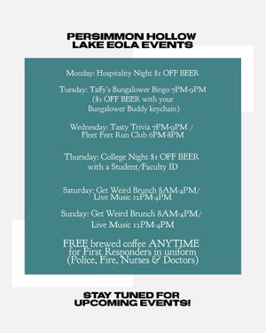 A list of our weekly events!  at Persimmon Hollow Brewing Co in Orlando