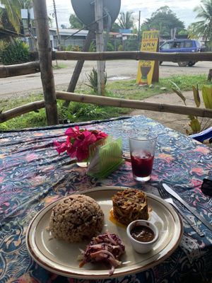 Jerky jackfruit with rice and beans.  at Jammin Comunidad Vegana in Puerto Viejo De Talamanca