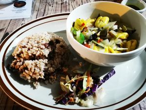 Ackee and seaweed with rice and beans and coleslaw at Jammin Comunidad Vegana in Puerto Viejo De Talamanca