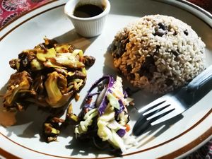 Jerk jack fruit with rice and beans and coleslaw salad at Jammin Comunidad Vegana in Puerto Viejo De Talamanca