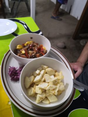 The 'fish' stew and yuca fries at Jammin Comunidad Vegana in Puerto Viejo De Talamanca