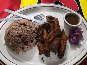 Rice and beans with bread fruit at Jammin Comunidad Vegana in Puerto Viejo De Talamanca