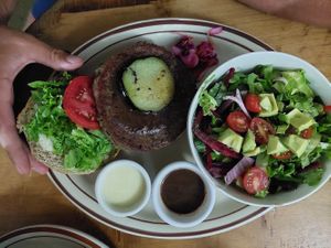 Seeweedburger with salad at Jammin Comunidad Vegana in Puerto Viejo De Talamanca