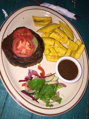 Seaweed Steak with savory plantain chips at Jammin Comunidad Vegana in Puerto Viejo De Talamanca