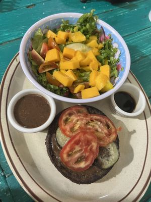 Algal burger with salad 🤤🤤  at Jammin Comunidad Vegana in Puerto Viejo De Talamanca