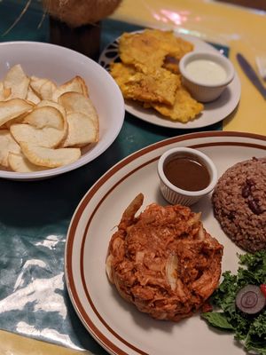 Yucca fries, patacones, jerk jackfruit and rice and beans at Jammin Comunidad Vegana in Puerto Viejo De Talamanca