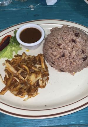 Jackfruit with rice and beans  at Jammin Comunidad Vegana in Puerto Viejo De Talamanca