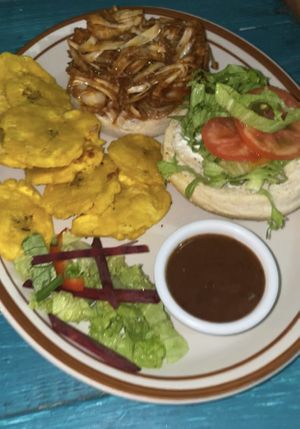Jackfruit burger with patacones  at Jammin Comunidad Vegana in Puerto Viejo De Talamanca