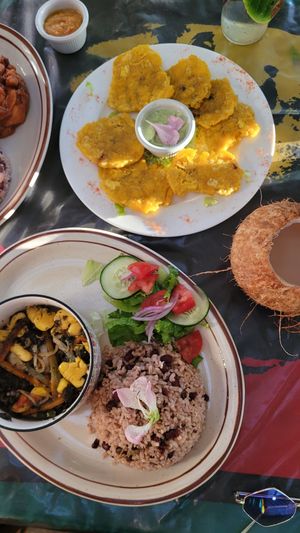 Ackee Seaweed Rice&Beans, fried Plantain and Coconut at Jammin Comunidad Vegana in Puerto Viejo De Talamanca