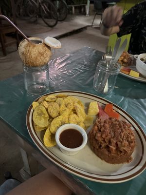 Jackfruit burger and plantain   at Jammin Comunidad Vegana in Puerto Viejo De Talamanca
