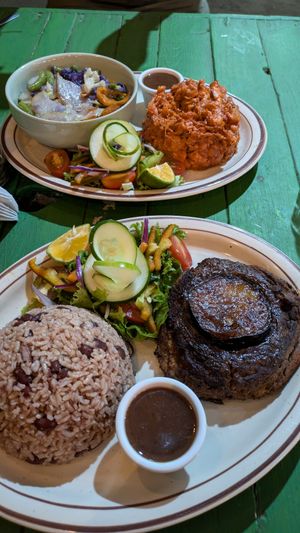 Mushroom 'steak' and jackfruit. Massive plates! at Jammin Comunidad Vegana in Puerto Viejo De Talamanca