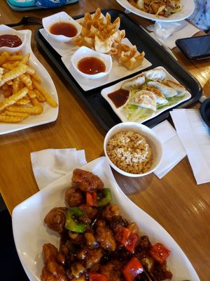 General Tso's chicken, pot stickers and crab rangoon all vegan friendly! at Veggie Village in Scottsdale