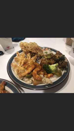 Cream cheese wontons, fried enoki, pineapple fried rice, sweet and sour shrimp, and general tsos chicken.  at Veggie Village in Scottsdale