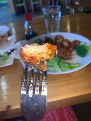 amazing chickn like texture on the inside. sesame chx to die forr  at Veggie Village in Scottsdale