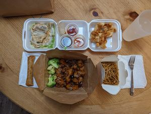 Sesame chicken with fried noodles, Spring rolls, pot stickers and cream cheese wontons. Edit: cream cheese wontons are not vegan* at Veggie Village in Scottsdale