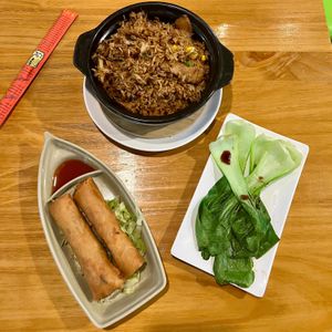 Clay pot chicken, spring rolls and box choy.  at Veggie Village in Scottsdale