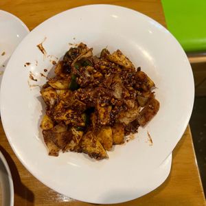 "Salad" of pineapple, jicama, mango, cucumber in a savoury soy sauce with peanuts. Actually amazing.  at Veggie Village in Scottsdale