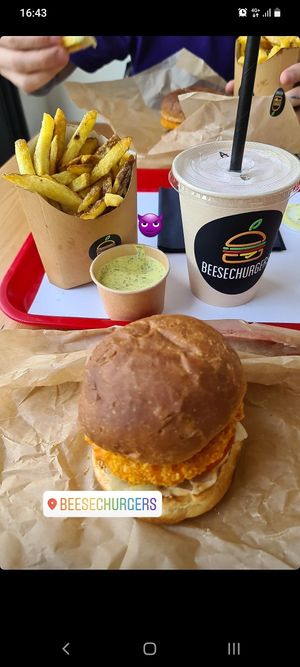 Crunchy king + fries + strawberry milkshake + house sauce at Beesechurgers in The Hague