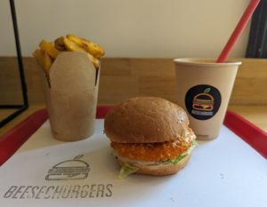 Pommes Frites, Crispy King’s Churger, and vanilla milkshake at Beesechurgers in The Hague