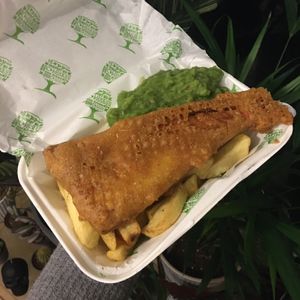 GF vish & chips w/ mushy peas  at JJ's Vish & Chips in Manchester