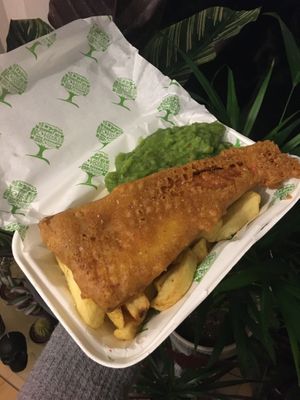 GF vish & chips w/ mushy peas  at JJ's Vish & Chips in Manchester