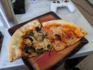 Reheat the slices on high heat for improved texture. 👍🏾 at D'Matteos Pizza & Grill in Ronkonkoma