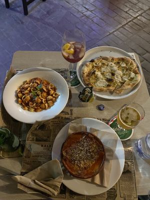 Garlic bread with vegan mozzarella, vegan lasagna and vegan Bolognese with fresh pasta.   at Chris Kitchen in Fuerteventura