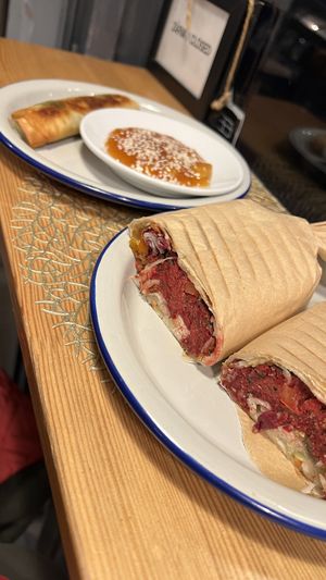 Falafel beetroot wrap, spinach samosa & mango sauce   at Rira in Budapest