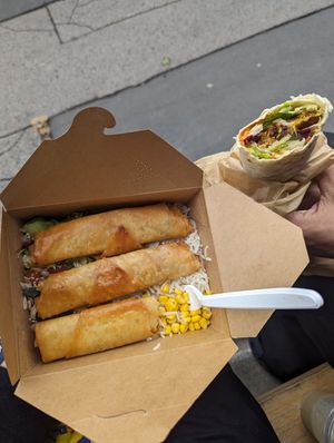 Walnut Samboose box and pumpkin falafel wrap at Rira in Budapest