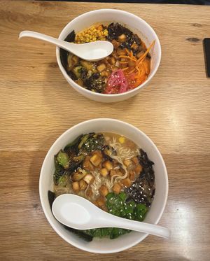 Vegan spicy and not spicy ramen bowls  at Co-op Ramen in Bentonville