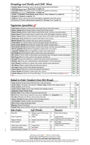 Veg special menu at Curry Kitchen in Lakewood