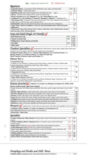 Curries menu with tofu options at Curry Kitchen in Lakewood