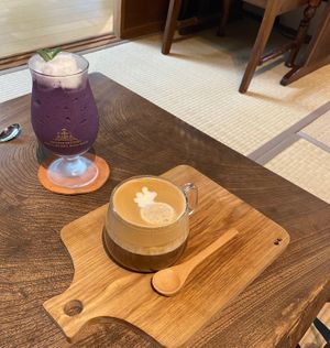 Blueberry soy smoothie with coconut ice cream and soy latte  at Cotonoha Kitakamakura  in Kamakura