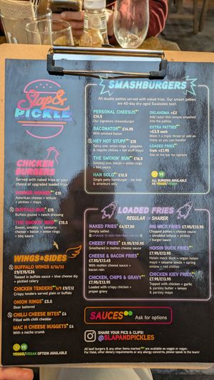 Menu at Slap & Pickle in Sheffield