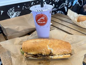 Banh mi with crazy mushrooms and Ube tea with boba  #Veganuary at Banh Mi Zon Vietnamese Gourmet in San Rafael