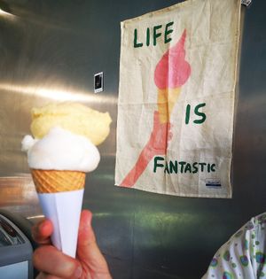 Lemon Lime Bitters on the bottom, and Mango Chilli Lime on top. at Icecream Social in Thornbury