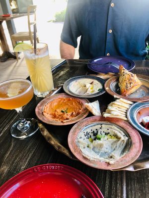 Vegetarian sampler platter with several vegan dips: humus, muhammara, su borek, babaganush, spanakopita, peynir & karpuz, pita. at Istanbul Hawaii in Honolulu