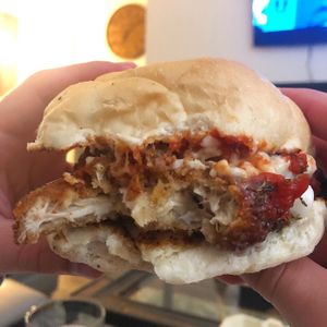 Vegan Chikn Parm made of Lion Mane Mushroom at The Vegan Halal Cart in Tampa