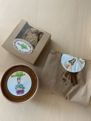 Vegan goulash, samosa burek and muffin at Slovegija in Ljubljana