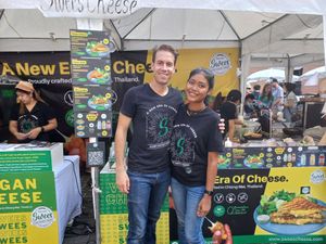 Nic & Miw, the fantastic couple who run the show. At the plant-based market at Swees - Plant Based Cheese in Chiang Mai