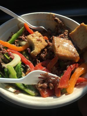 'make your own' ākra bowl with tofu, veggies, rice, plantains, with peanut sauce at ākra Eatery & Juice Bar in Worcester